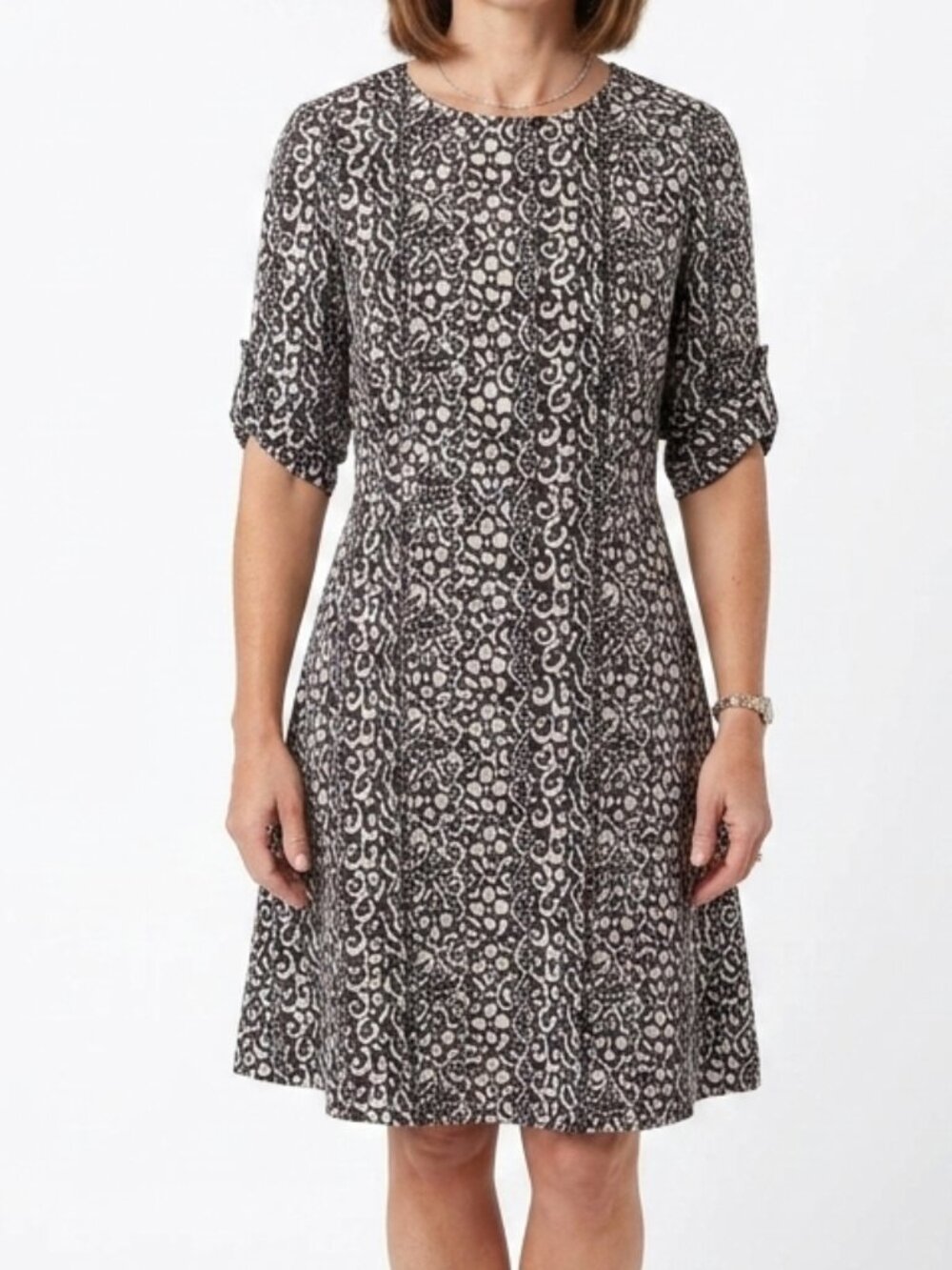 DKNY 3/4 Sleeve Roll up Sleeve Tab Crew Neck Fit & Flare Dress- Sz. 6